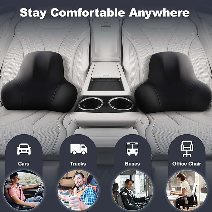 Lumbar Support for Car - Back Cushion for Driving Seat Lower Back Pain Relief - Memory Foam Lumbar Pillow for Car/Office Chair - Ergonomic Streamline Soft Washable Cover-Black&Grey