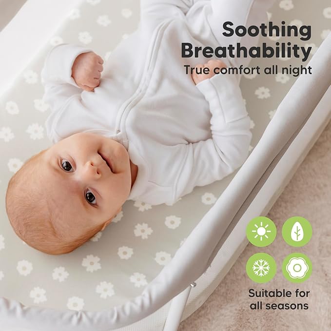 2-Pack Organic Bassinet Sheets for Girls, Boys - 100% Cotton Bassinet Mattress Sheets Compatible with Halo Bassinest Swivel Sleeper, Graco, Baby Delight, Chicco, Unisex Fitted Bassinet Sheets (Meadow)