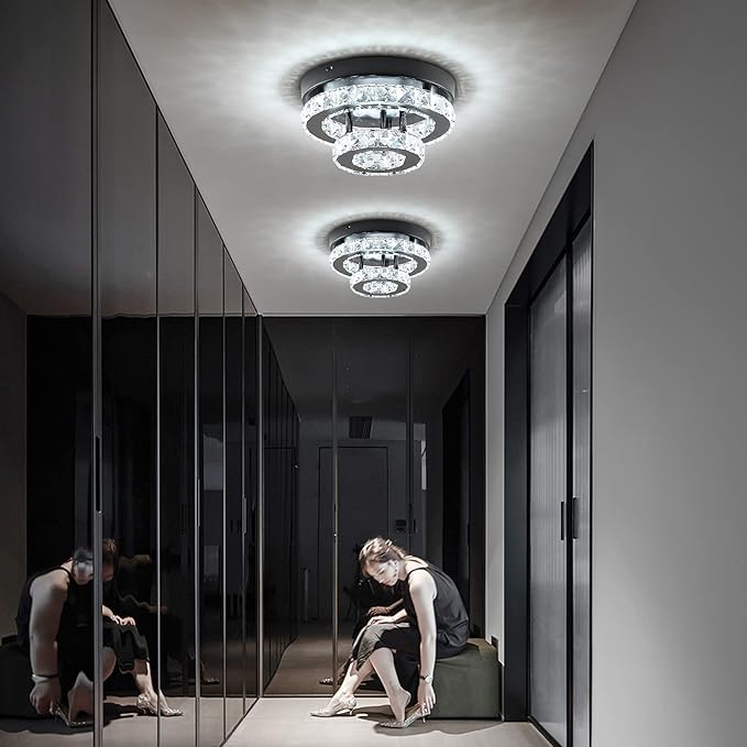 Modern Crystal Chandelier Black Flush Mount Ceiling Light Surface Mount Led Ceiling Light Mini Bedroom Ceiling Lights Indoor 9.8" Diameter Mini Crystal Chandeliers Black 6000K