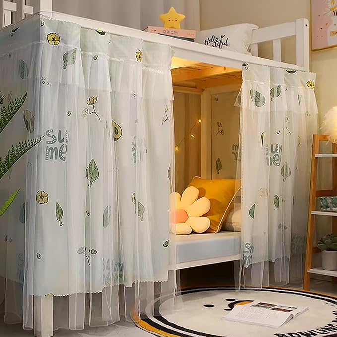 Hoce Bunk Bed Curtain Gauze Bunk Bed Curtains Drapes with Lace Privacy Dorm Bed Canopy for Bottom Twin