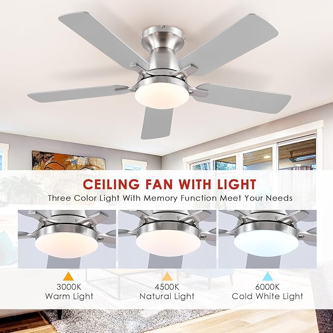 Ceiling Fans with Lights and Remote/APP Control,46" Flush Mount Ceiling Fan Dimmable DC Motor，Low Profile Ceiling Fan for Bedroom,Living Room,Brushed Nickel