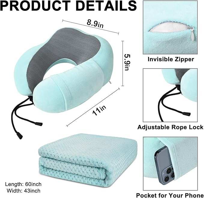 Travel Pillow and Blanket Set Neck Pillow Airplane Memory Foam for Traveling Compact with Bag Blue Green
