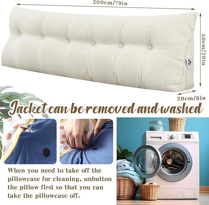 Wenqik Wedge Pillow Triangular Dorm Headboard Bed Rest Reading Backrest Back Support Long Bolster Pillow with Removable Cover for Dorm Room Supplies(Beige,King (79 x 20 x 8 Inch))