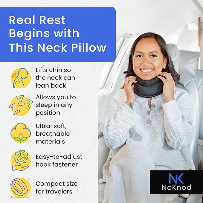 Patented Travel Neck Pillow - Premium Soft Neck Support & Comfort for Sleeping on Airplanes & Cars- Memory Foam Shoulder & Neck Roll - Long Flight International Airplane Travel Pillow (Black)