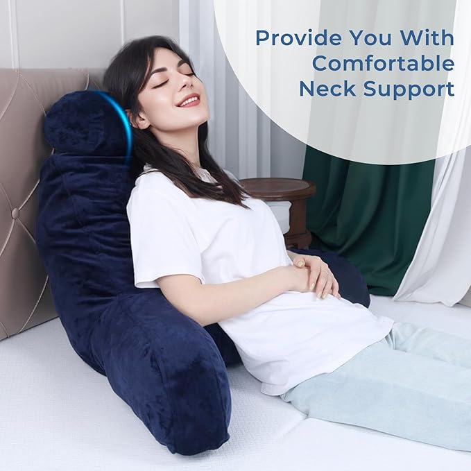 COOLBEBE Reading Pillow for Bed Backrest Pillow for Bed Sitting Up Adult with Arms Navy Back Support Pillow with Headrest & Pockets, Removable Washable Cover and Detachable Neck Roll(Extra Large 27")