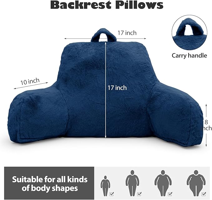 Reading Pillow for Sitting in Bed Adult, Standard Reading Pillow with Memory Foam, Back Pillow for Bed Sitting Up with Extend Arms, Bed Reading Pillow, Blue