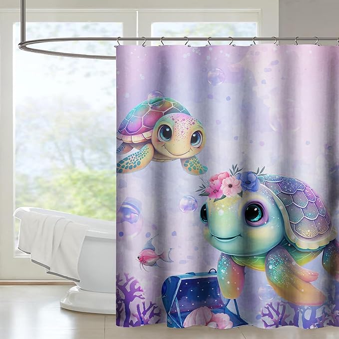 AILONEN Kawaii Sea Turtle Shower Curtain,Tie Die Ocean Animal Themed Bath Curtain Cloth Fabric Bathroom 36" W*72" H Inch,12 Pack Hooks for Kids,Sea Animal with Treasure Box Bathroom Curtain