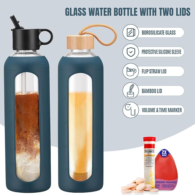 32oz Glass Water Bottle With 2 Lids-Flip Straw Lid, Bamboo Lid, Glass Water Bottle With Silicone Sleeve, Motivational Time Marker, Glass Juice Bottle for Cold Drink,Navy Blue