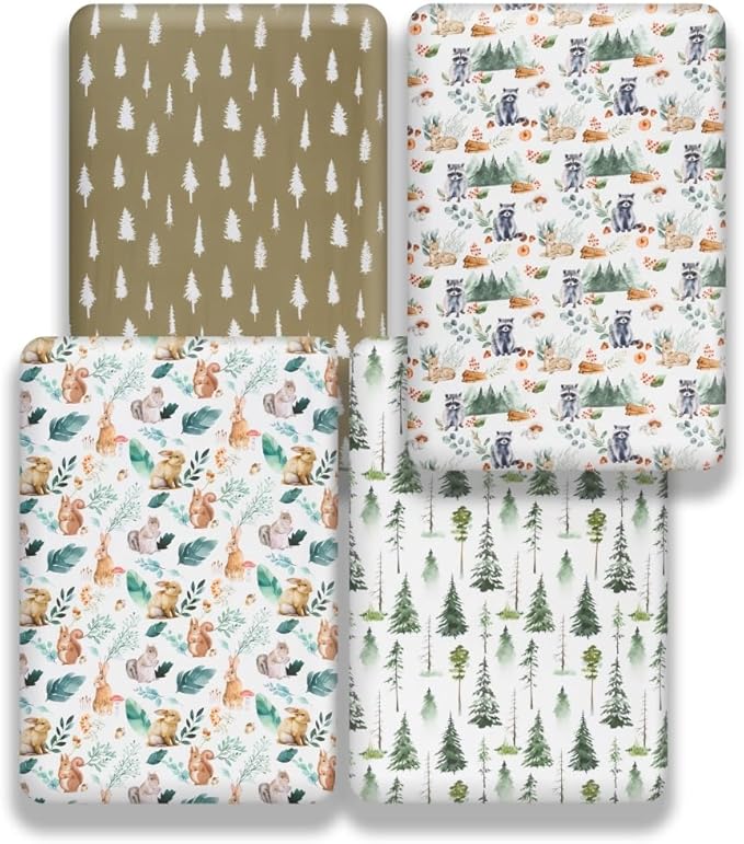 4 Pack Woodland Forest Animals Wood Neutral Unisex Fitted Baby Crib Sheets Set for Baby Boys or Girls (Raccoon, 52 * 28)