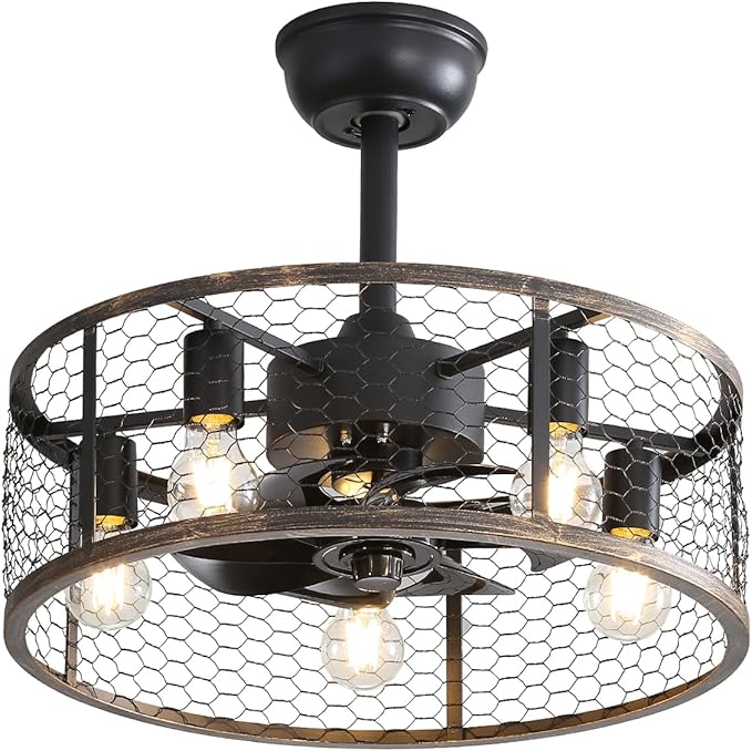 20" Caged Ceiling Fans with Lights and Remote & APP Control,E26 2700K Warm Lighting,6 Wind Speeds with Reverse Mode.Retro Chandeliers for Dining Room with Fan (Black)