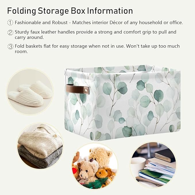 Wamika Leaves Flowers Storage Basket, Green and White Boho Botanical Foldable Storage Bins, 16x12x8 Inches, Durable Canvas Material, Easy to Clean, Collapsible for Space-Saving Storage