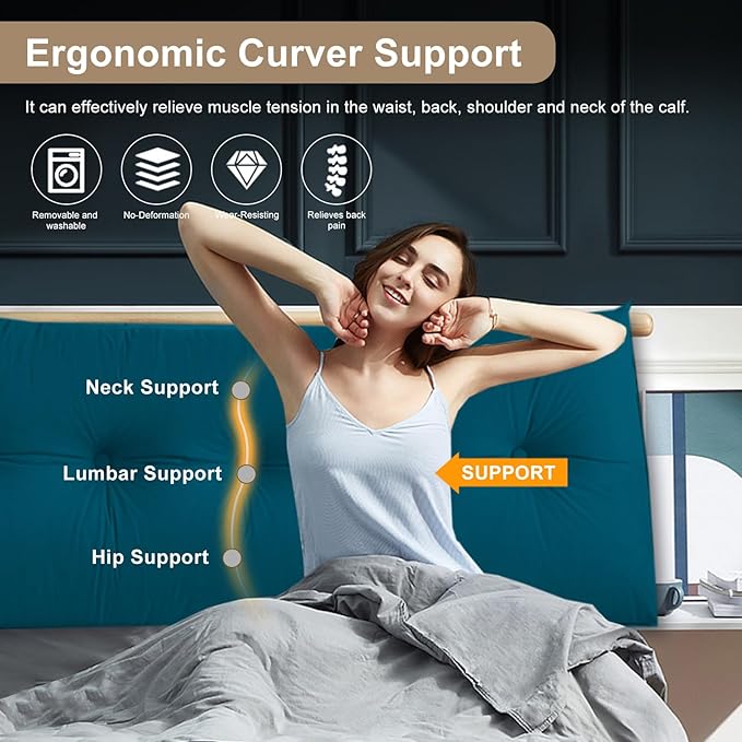 Large Triangular Headboard Pillows Long Backrest Positioning Support Bolster Cushion for Daybed Fluffy Quality Plush Body Wedge Pillow with Removable Cover(Navy blue-King-76x8x20in)