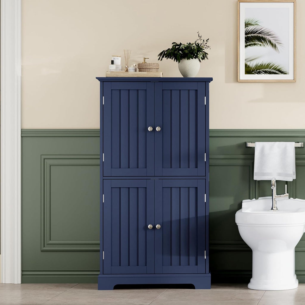 ChooChoo Bathroom Floor Cabinet, Modern Bathroom Storage Cabinet with 4 Doors and Adjustable Shelves, Freestanding Cupboard for Living Room, Navy Blue