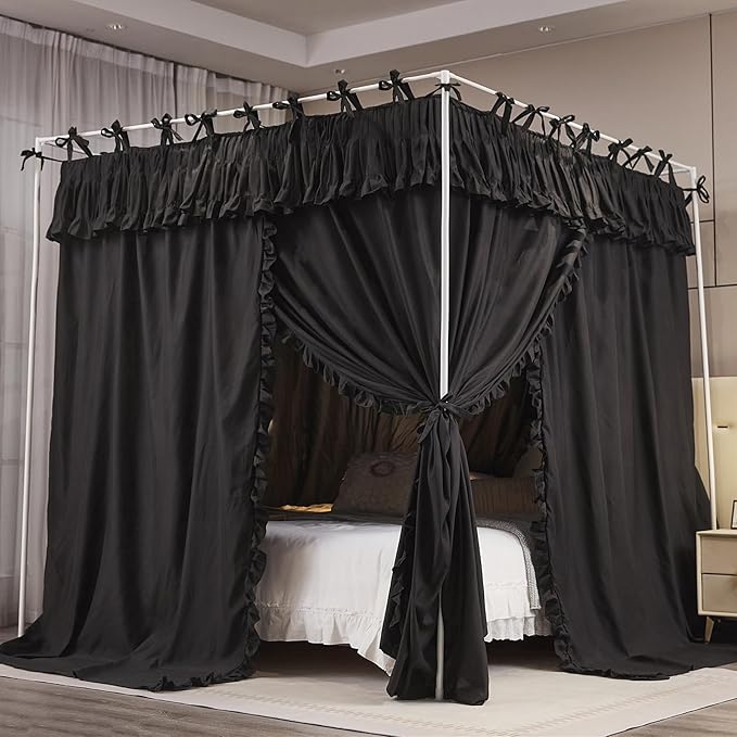 4 Corners Post Princess Ruffle Curtain Bed Canopy Lace Up Elastic Cozy Breathable Tent Mosquito Net for Girls Bedroom Decoration(Black, 59-64" W*82" L*82" H/Queen)