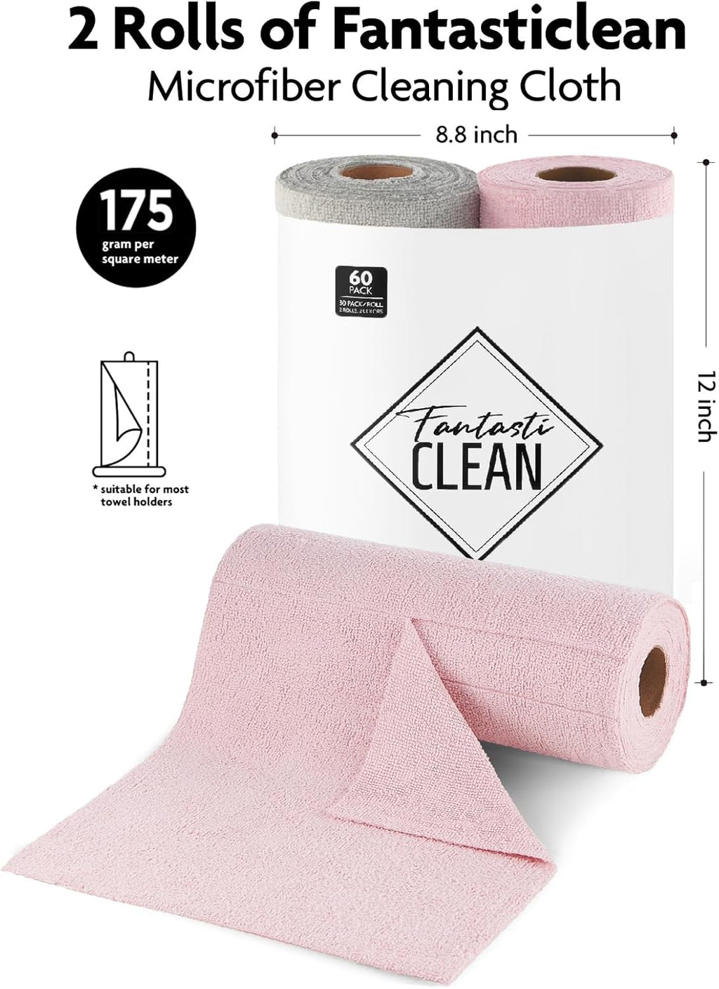 Fantasticlean Microfiber Cleaning Cloth Roll -60 Pack, Tear Away Microfiber Towels, 12" x 12", Reusable, Washable, Scratch Free, Ultra Absorbent Dish Rags for Car, Home, Garage or Shop (Pink & Grey)