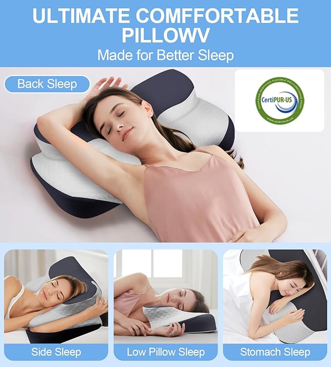 Bed Sleep Contour Memory Foam Pillow, Cervical Pillow for Neck and Shoulder, Ergonomic Neck Support Pillow for Side Back Stomach Sleepers with Pillowcase