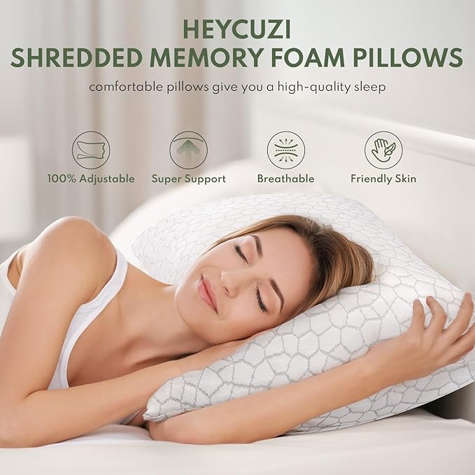 Cooling Pillows Queen Size Set of 2 - Shredded Memory Foam Pillow for Sleeping 2 Pack, Adjustable Cool Bed Pillows for Side, Back, and Stomach Sleepers, Gel Pillow Washable Removable Cover