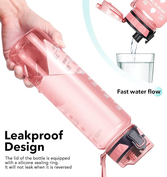 32oz/26oz Motivational Water Bottle with Time Marker & Fruit Strainer, Leak-proof BPA Free Non-Toxic 1l Bottle with Carrying Strap, Perfect for Fitness, Gym and Outdoor Sports Plastic