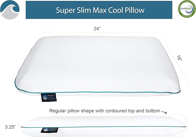 Bluewave Bedding Super Slim CarbonBlue Max Cool Gel Memory Foam Pillow for Stomach and Back Sleepers - Thin, Flat Design with Advanced Cooling (3.25-Inch Height, Standard Size)