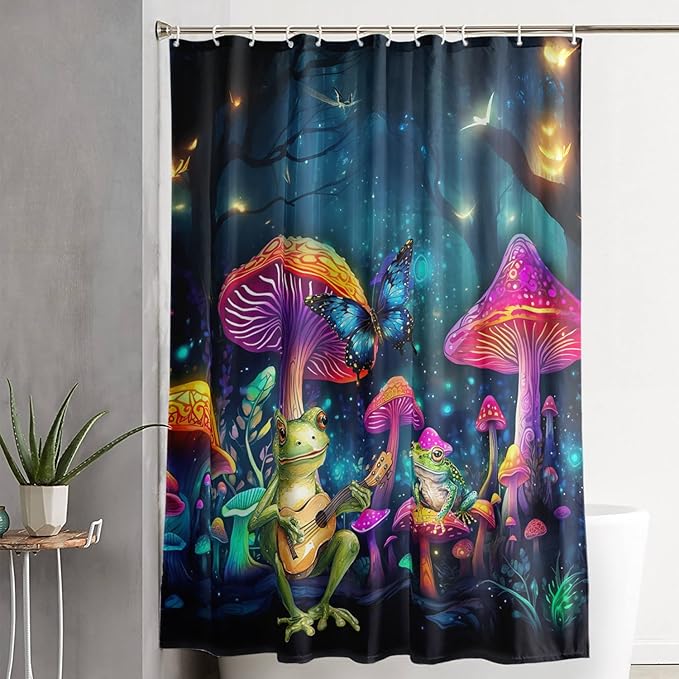 AILONEN Cartoon Frog Shower Curtain,Guitar Frog Fabric Shower Curtains for Bathroom,Magic Mushroom Weighted Polyester Cloth Bath Curtain Set,Mysterious Butterfly Bathroom Curtain,72" W*72" H