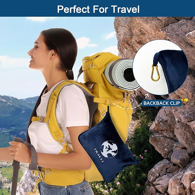 Bnuitland Travel Blanket and Pillow 2 in 1, Soft Flannel Airplane Blanket in Bag Compact-Long Flight Essential for Adults and Kids, Portable Luggage Sleeve and Backpack Clip, 65×40 inch Navy