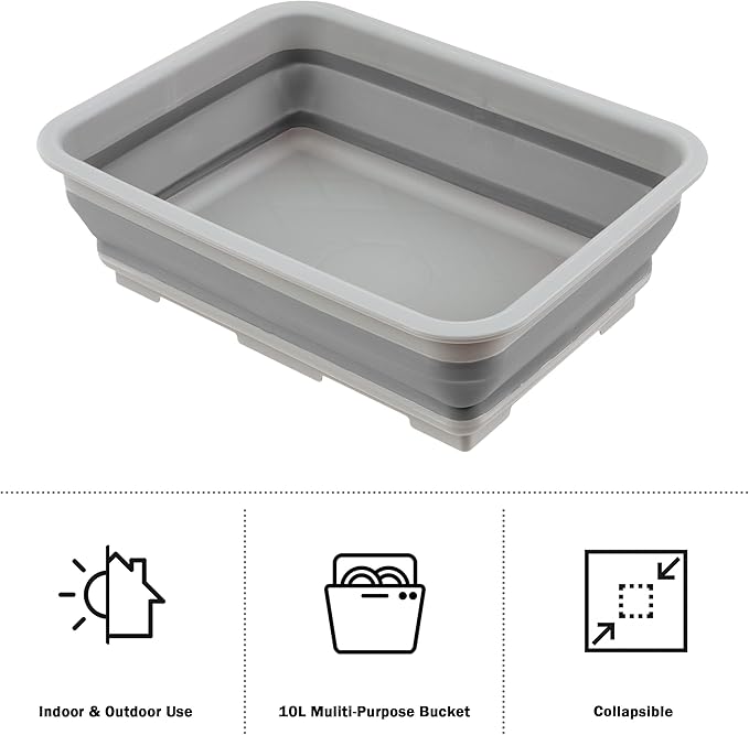 Set of 2 Multipurpose Wash Bins – 10-Liter Basins for Camping, Parties, or Cleaning – Collapsible Bucket Set by Wakeman (Gray)