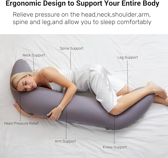Breathable Full Body Pillow for Side Sleeper,60 Inch Long Body Pillow for Adults,Swan Pillow Cuddle Pillow for Back, Hip, Knee, and Leg Relief with 100% Cotton Fabric Cover, Grey
