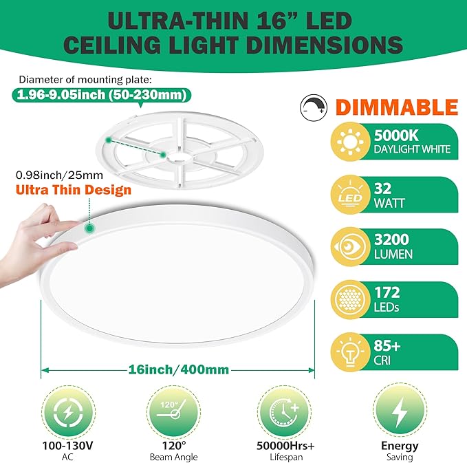 SunRider 4-Pack 16 Inch LED Flush Mount Ceiling Light, 3200LM, 5000K Daylight White, 32W Dimmable Modern Round Flat Ceiling Lights for Living Room
