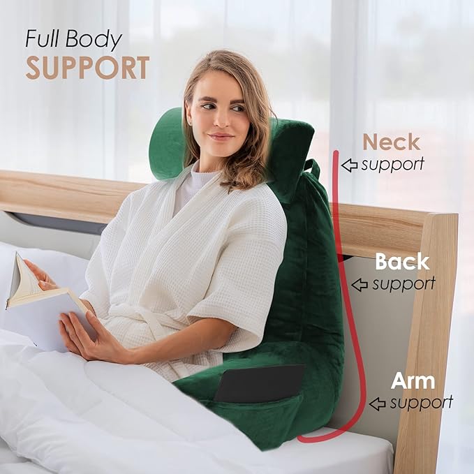 Nestl Reading Pillow Large Bed Pillow, Back Pillow for Sitting in Bed Shredded Memory Foam Chair Pillow, Reading & Bed Rest Pillows Dark Green Back Pillow for Bed, Bed Chair Arm Pillow with Pockets