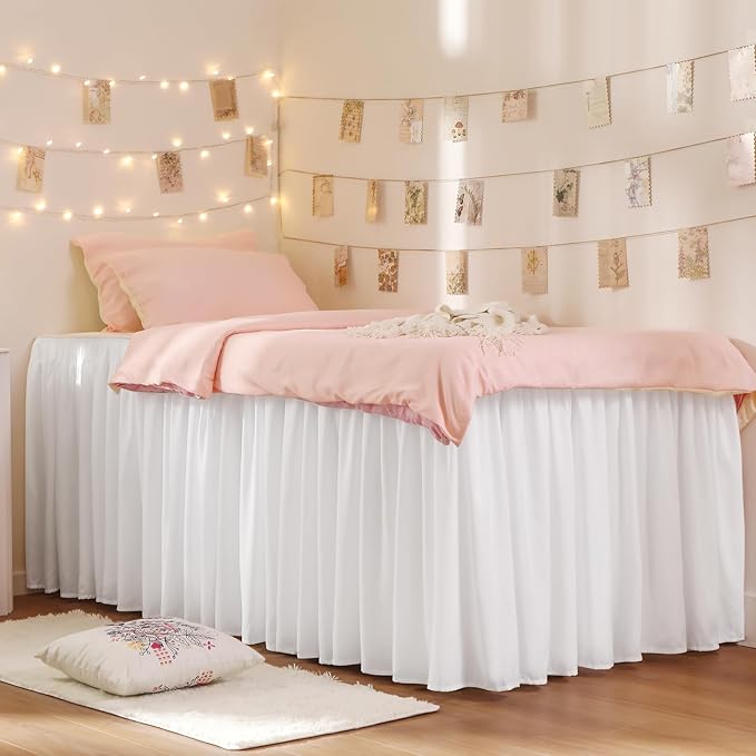 RIMELA Dorm Bed Skirt Twin XL 46 Inch Drop, Extra Long Wrap Around Elastic Bed Skirts Easy to Put On Twin Size Dust Ruffle, White Bedskirt for Adjustable Bed Base Solid Silky Fabric Machine Washable