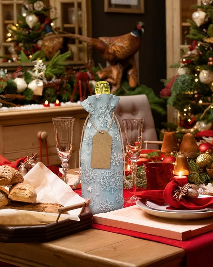 10 Pack Wine Bottle Bags, Christmas Snowflake Wine Bottle Cover with Drawstring, Winter Snowflake Green Backdrop Gift Bag for Champagne Wedding Birthday Party