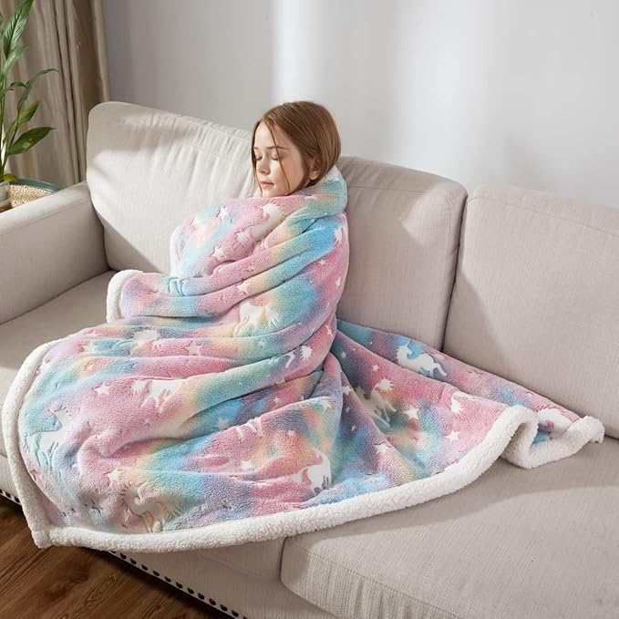 COSUSKET Glow in The Dark Blanket for Kids, Unicorn Luminous Birthday Super Soft Fuzzy Plush Sherpa Furry Fleece Multicolor Throw Blanket 50"x60" Boys Girls Gifts