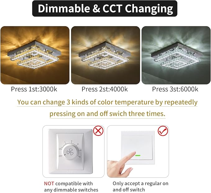 16" Modern Crystal Chandelier, Adjustable Led 3 Color Dimmable Ceiling Light 2 Layers Square Flush Mount Ceiling Lamp for Bedrooms Dining Rooms Living Room Kitchen Staircase Hallway(Dimmable)