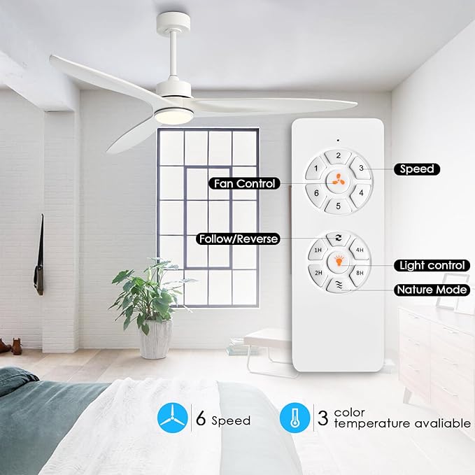 WINGBO 60 Inch DC Ceiling Fan with Lights and Remote Control, 3 Reversible Carved Wood Blades, 6-Speed Noiseless DC Motor, Modern Ceiling Fan in White Finish