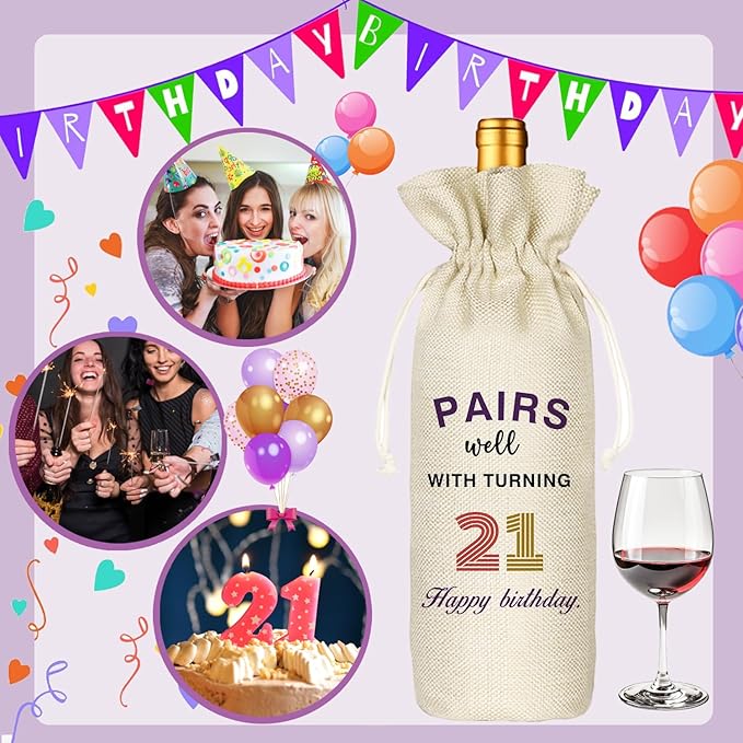 21th Birthday Wine Bag, Presents for 21st Birthday, 21 Years Old Gift Idea Wine Bag for Her Girl Friend, Sister, Birthday Party Decorations - Cotton linen drawstring wine bags (21 BIRTHDAY)