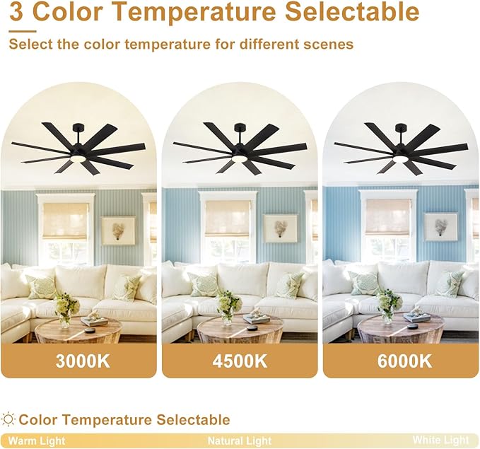 Depuley 72" Large Ceiling Fans with Lights and Remote App, Industrial Ceiling Fan for Kitchen Living Room Covered Patio, 5-Speed Reversible DC Motor, 3 CCT Dimmable LED Lighting, 8 Blades, Timer