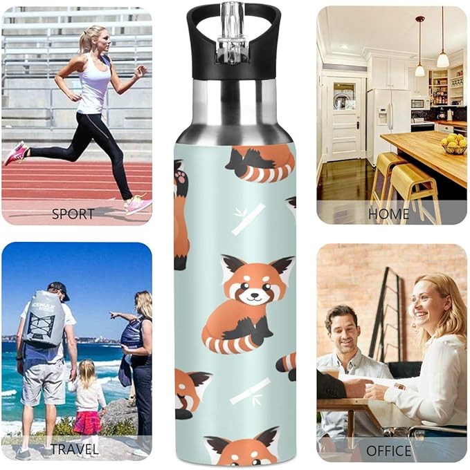 22 OZ Cute Red Panda Water Bottle with Straw - BPA Free Leakproof Stainless Steel Water Bottle for Women Men Water Jug for Fitness Gym Outdoor Sport