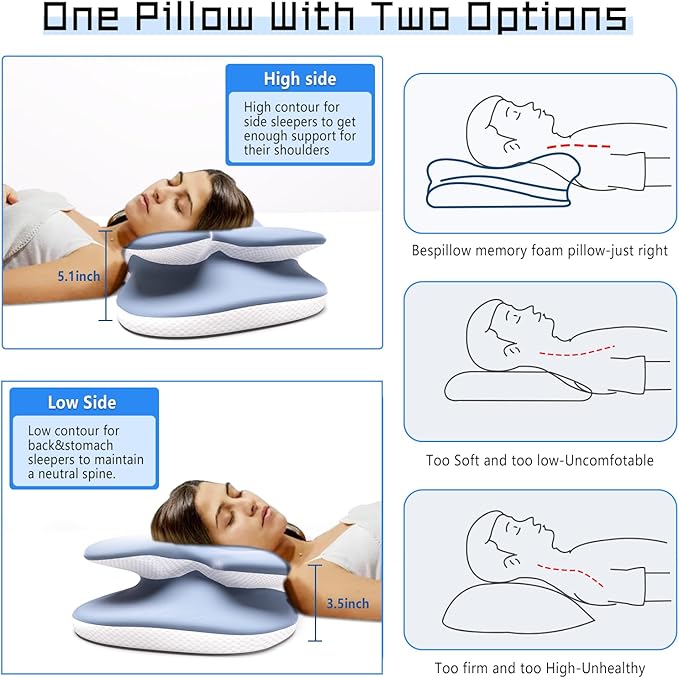 Cervical Neck Pillow for Pain Relief - Contour Memory Foam Pillows with Cooling Pillowcase, Neck Support Pillows for Sleeping, Ergonomic Orthopedic Pillow for Side, Back, Stomach Sleepers (Blue)