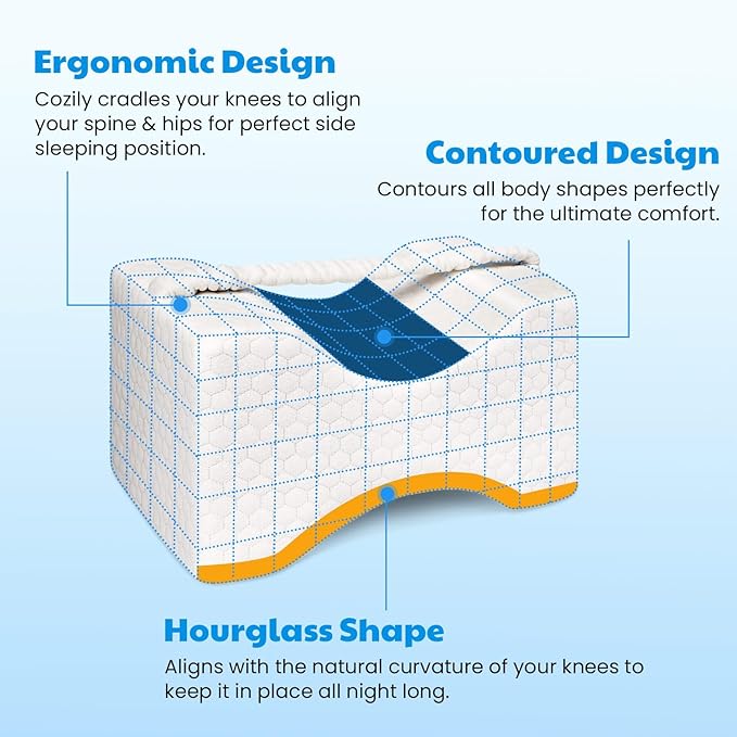 Memory Foam Knee Pillow, Leg Pillow for Side Sleeping, Contour Support Ergonomic Knee Pillow with Cover and Strap, for Side Sleepers, Spine Alignment, Hip, Back and Joint Pain Relief