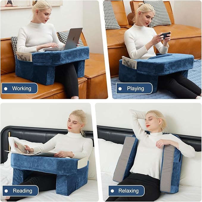 Gaming Pillow for Lap,Soft Pillow for Bed Rest Reading,Adults Teens Arm Rest Pillow for Reading,Knitting,Working,Playing Steam Deck Switch or Sitting in Couch Floor,Two Side Pockets & Anti-Slip Strip