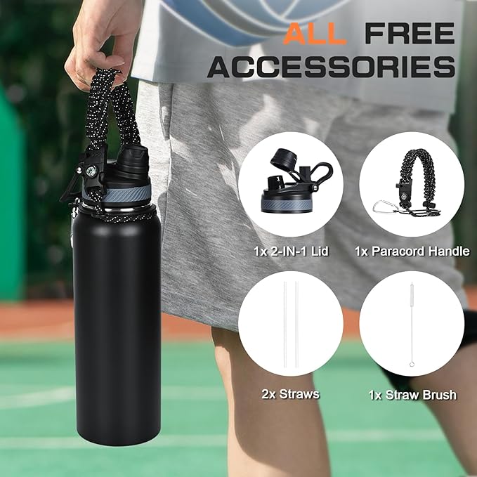 40 oz Insulated Water Bottle with Straw& Spout 2-in-1 Lid, Triple Wall Vacuum Stainless Steel Cold 48H, Leak Proof Sports Metal Flask Jug with Paracord Handle, Black