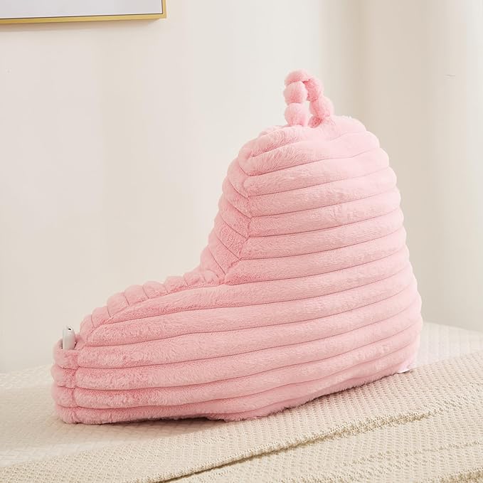 Faux Fur Fluffy Pink Reading Pillow with Pockets, Luxury Striped Plush Decorative, Arm Rests and Back Surport for Bed Rest, Lounging on sofa, Large