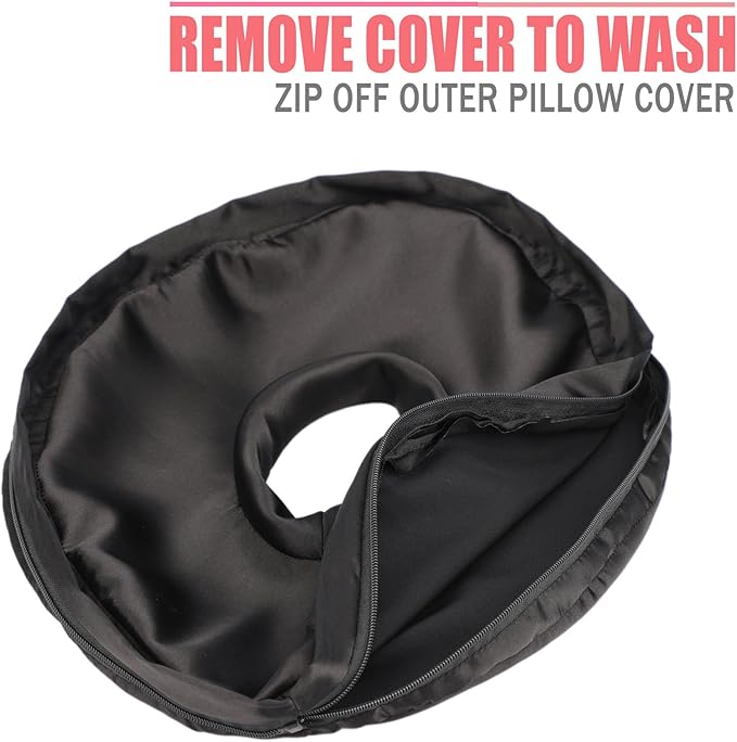 Satin Ear Piercing Pillow Removable Cover Luxury Cnh Pillow with Ear Holes for Ear Pain Side Sleepers Washable Large Donut Pillows Head Neck Support Black