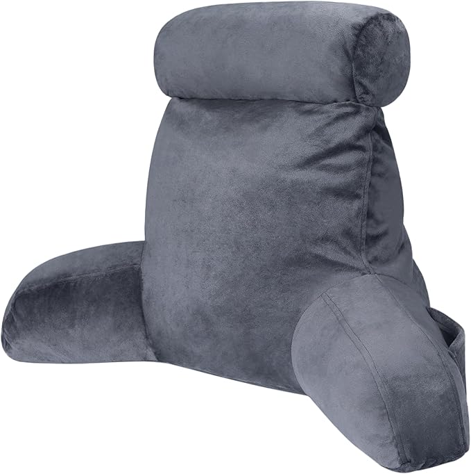 COOLBEBE Reading Pillow for Bed Backrest Pillow for Bed Sitting Up Adult with Arms Grey Back Support Pillow with Headrest & Pockets, Removable Washable Cover and Detachable Neck Roll(Standard 18")