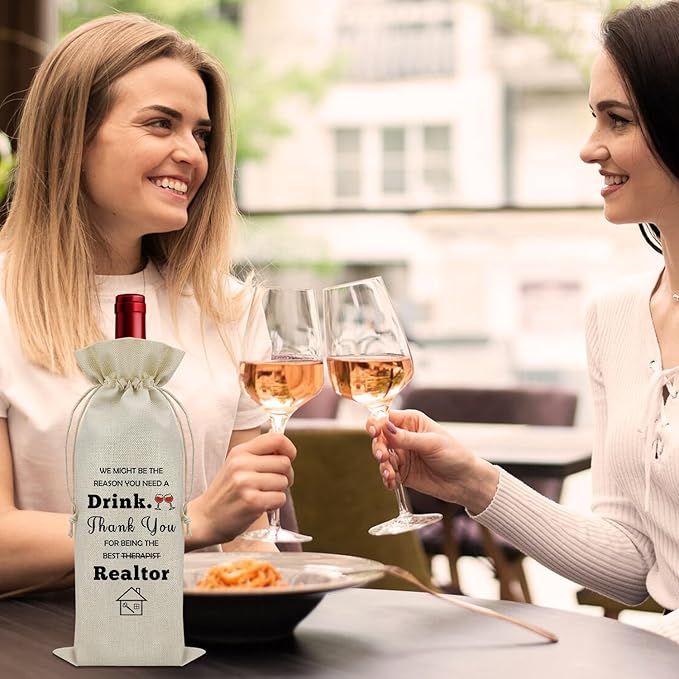 2PCS Realtor Gifts for Women Agent Wine Bag Thank You Gifts for Clients Real Estate Therapist Gifts for Men Wine Bottle Storage Bag Housewarming Gifts for Her Wine Accessories Gifts for Wine Lovers