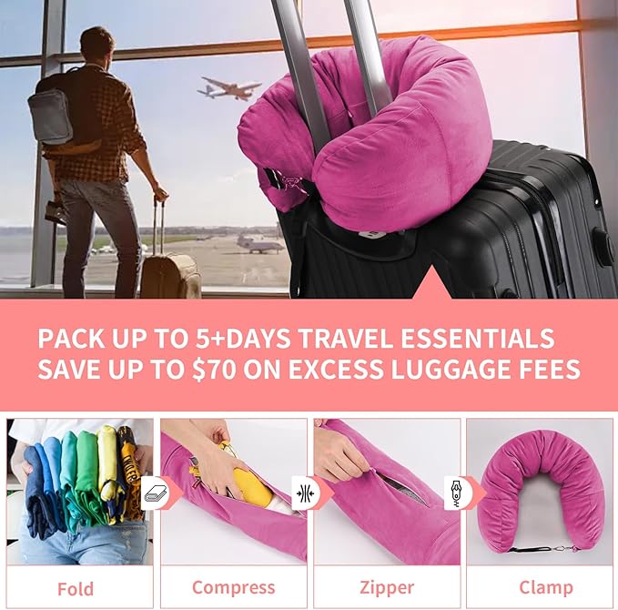 Stuffable Travel Pillow for Extra Luggage, Travel Neck Pillow Stuffable with Clothes, Stuffable Neck Pillow for Travel, Velvet Travel Neck Pillow Storage Bag, Fillable Luggage Pillow (Strong Pink)