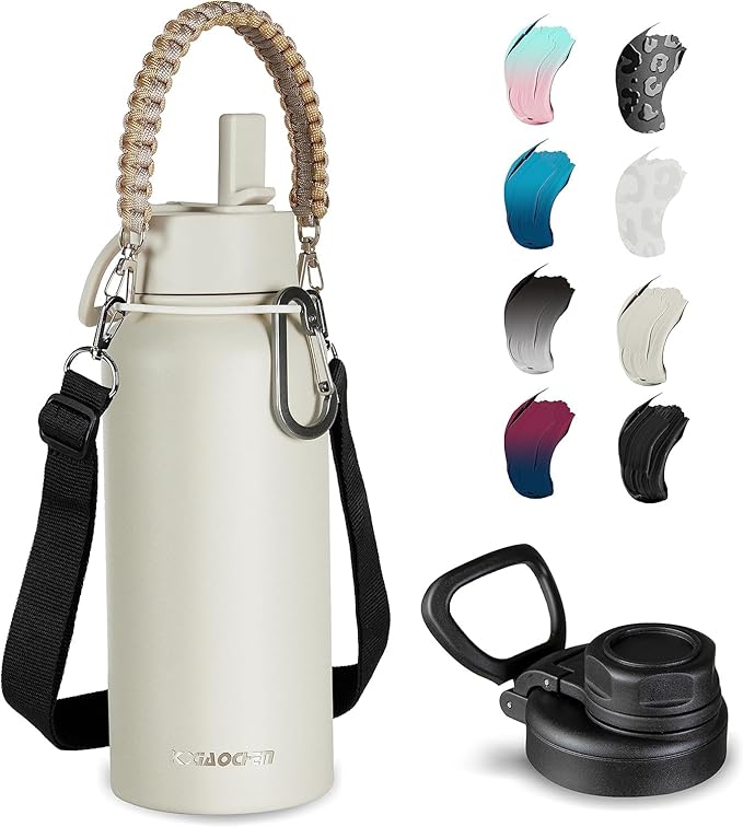 40 oz Insulated Water Bottle with Paracord Handles & Strap, 2 Lids(Straw Lid&Spout Lid), Stainless Steel Reusable Wide Mouth Metal Water Bottle With Straw, Double Walled, Thermo Mug（Cream)