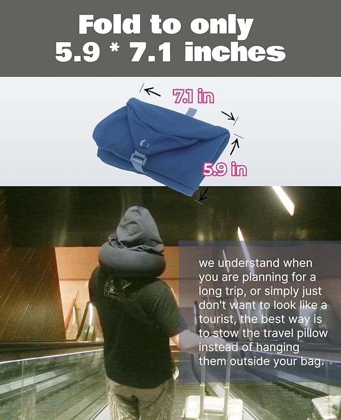 Stuffable Travel Neck Pillow, 2-Way Hoodie, Carry-on Luggage Holder, Cotton Light Blocking, for Airplane, Office, Vehicle Transportation (Navy)