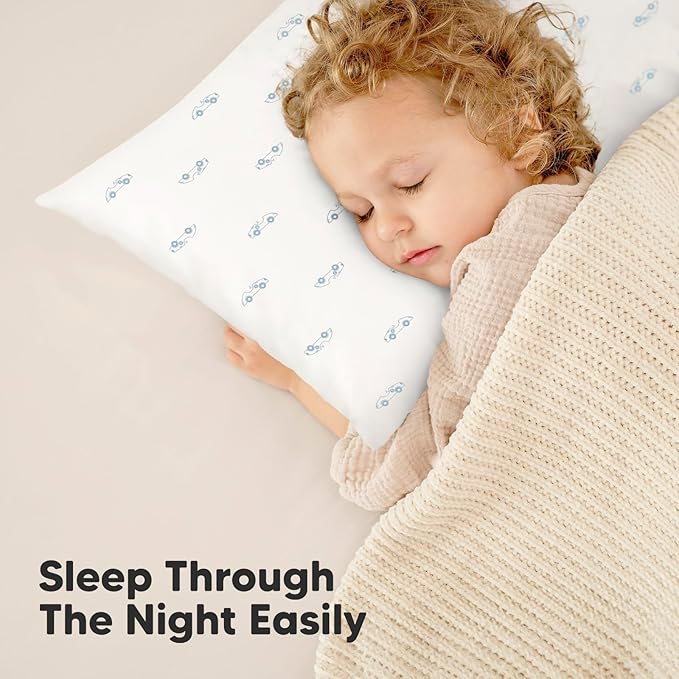 2-Pack Toddler Pillow - Soft Organic Cotton Toddler Pillows for Sleeping - 13X18 Small Pillow for Kids - Kids Pillows for Sleeping - Kids Pillow for Travel, School, Nap, Age 2 to 5 (Roadsters)