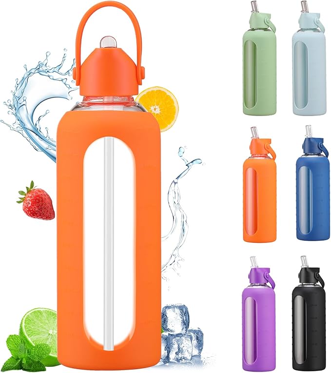 20 oz Glass Water Bottles with Straw Borosilicate Glass Water Bottle with Time Marker Motivational Water Bottles with Silicone Sleeve Leak Proof Reusable BPA Free